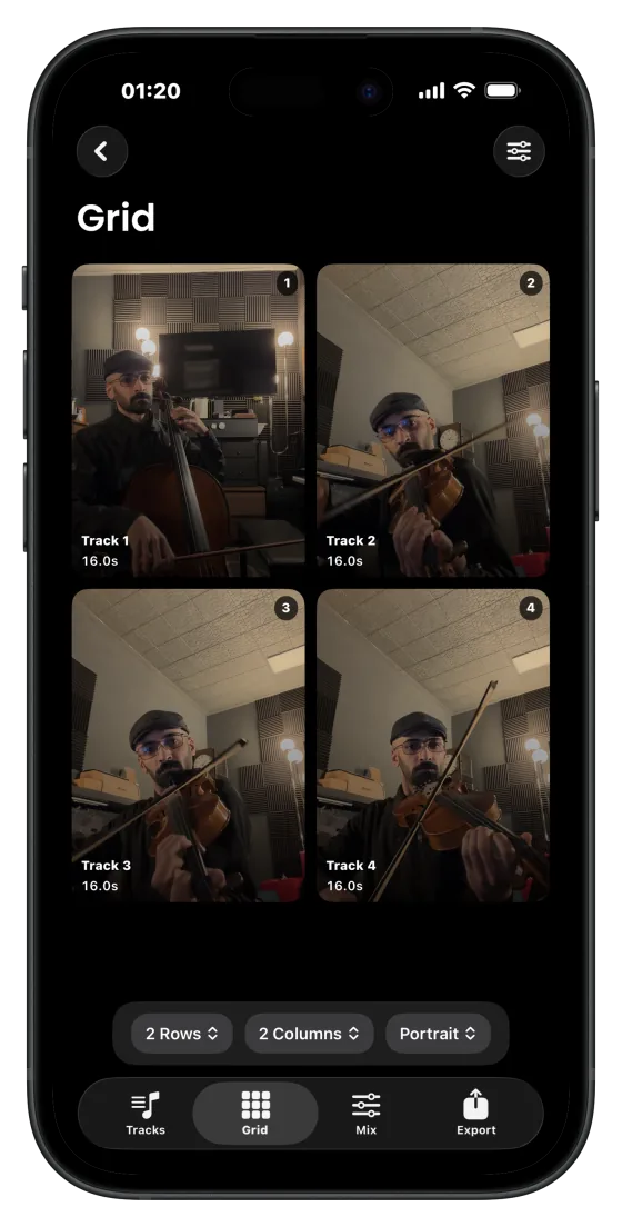 Manytone grid view showing four performance videos in a device frame