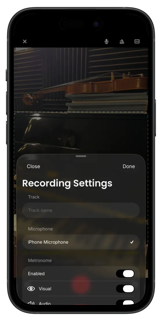 Manytone recording screen with recording options in a device frame