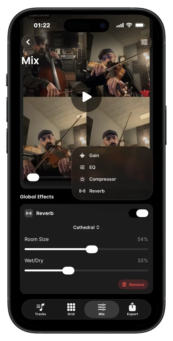 Manytone effects screen with controls in a device frame