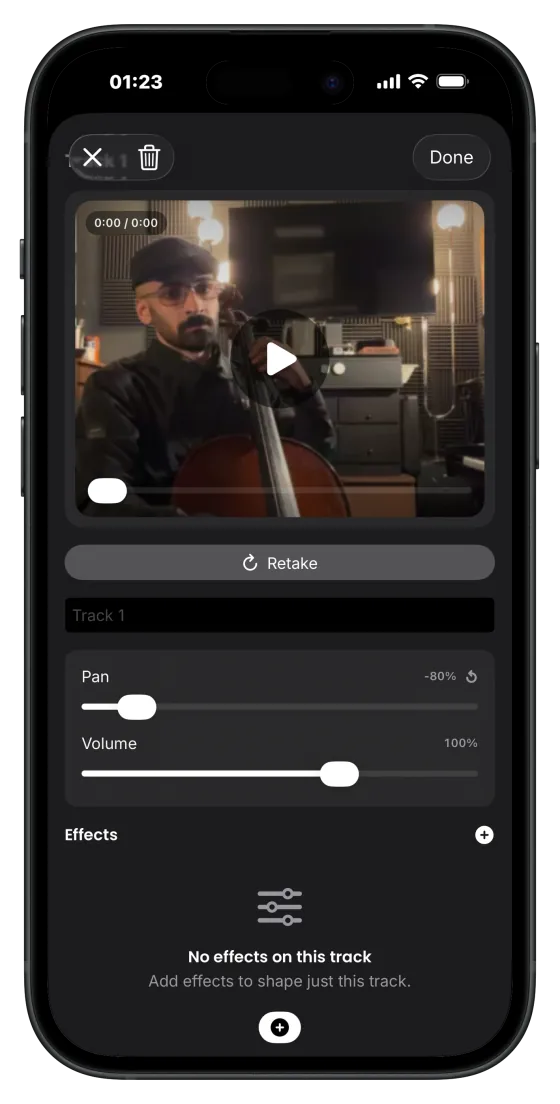 Manytone track options screen showing retake option in a device frame