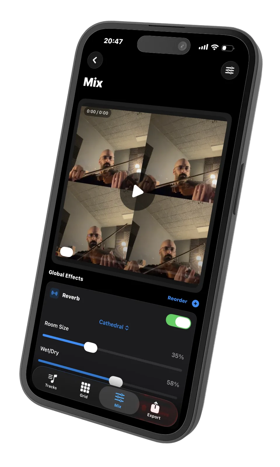 Tilted iPhone preview of the Manytone app interface